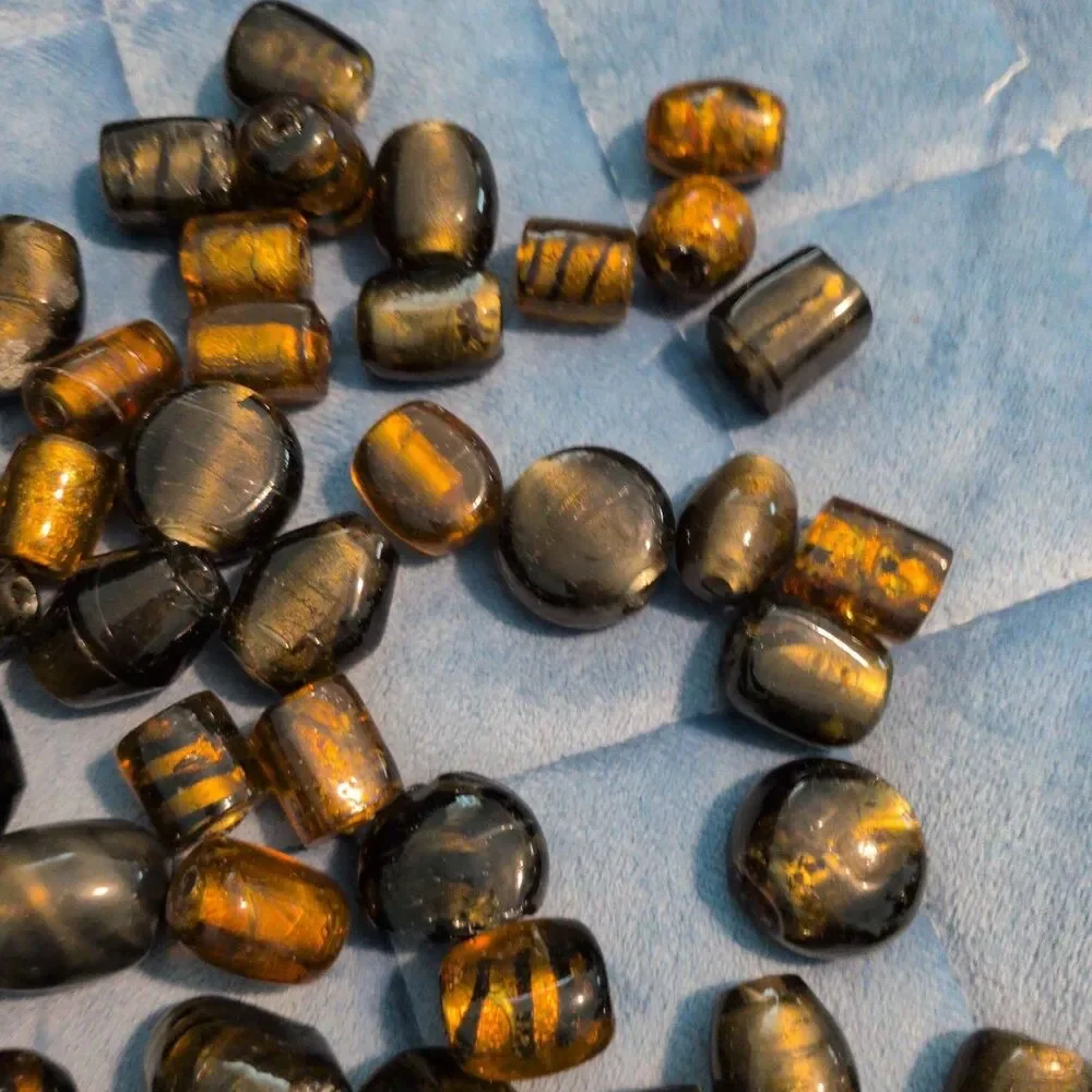 Vintage Mixed Tiger's Eye & Amber Glass Bead Destash Lot – Large Hole Barrel...